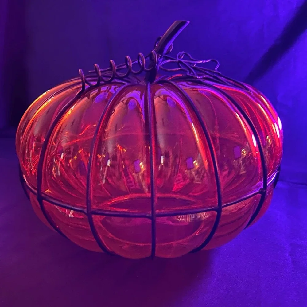 Hand-Blown Amber Glass Metal Caged Pumpkin Decor/Shade/Candle Lantern Halloween